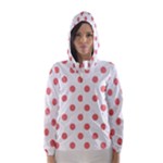 Polka Dots - Coral Pink on White Hooded Wind Breaker (Women)