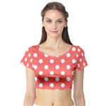 Polka Dots - White on Pastel Red Short Sleeve Crop Top (Tight Fit)