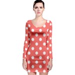 Polka Dots - White on Pastel Red Long Sleeve Bodycon Dress