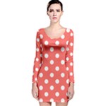 Polka Dots - White on Pastel Red Long Sleeve Velvet Bodycon Dress