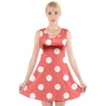 Polka Dots - White on Pastel Red V-Neck Sleeveless Dress