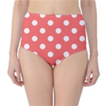 Polka Dots - White on Pastel Red High-Waist Bikini Bottoms