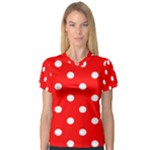 Polka Dots - White on Red Women s V-Neck Sport Mesh Tee