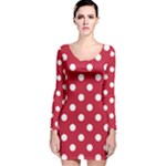 Polka Dots - White on Cardinal Red Long Sleeve Velvet Bodycon Dress