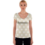 Polka Dots - White on Pearl Brown Women s V-Neck Cap Sleeve Top