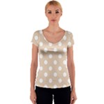 Polka Dots - White on Pastel Brown Women s V-Neck Cap Sleeve Top