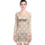 Polka Dots - White on Pastel Brown Long Sleeve Bodycon Dress