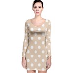 Polka Dots - White on Pastel Brown Long Sleeve Velvet Bodycon Dress