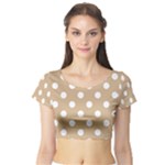 Polka Dots - White on Tan Brown Short Sleeve Crop Top (Tight Fit)