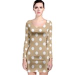 Polka Dots - White on Tan Brown Long Sleeve Bodycon Dress