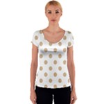 Polka Dots - Tan Brown on White Women s V-Neck Cap Sleeve Top