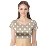 Polka Dots - White on Khaki Brown Short Sleeve Crop Top (Tight Fit)