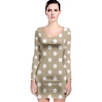 Polka Dots - White on Khaki Brown Long Sleeve Bodycon Dress