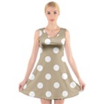 Polka Dots - White on Khaki Brown V-Neck Sleeveless Dress