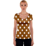 Polka Dots - White on Brown Women s V-Neck Cap Sleeve Top