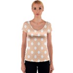 Polka Dots - White on Apricot Orange Women s V-Neck Cap Sleeve Top