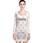 Polka Dots - Apricot Orange on White Long Sleeve Bodycon Dress