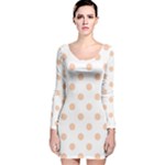 Polka Dots - Apricot Orange on White Long Sleeve Velvet Bodycon Dress