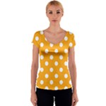 Polka Dots - White on Dark Tangerine Orange Women s V-Neck Cap Sleeve Top