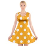 Polka Dots - White on Dark Tangerine Orange V-Neck Sleeveless Dress