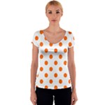 Polka Dots - Safety Orange on White Women s V-Neck Cap Sleeve Top