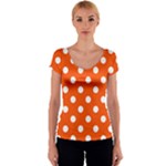 Polka Dots - White on Tangelo Orange Women s V-Neck Cap Sleeve Top