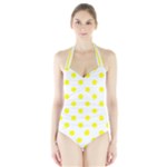 Polka Dots - Yellow on White Women s Halter One Piece Swimsuit