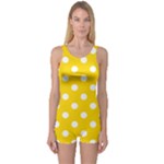 Polka Dots - White on Gold Yellow One Piece Boyleg Swimsuit