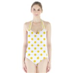 Polka Dots - Gold Yellow on White Women s Halter One Piece Swimsuit