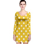 Polka Dots - White on Deep Lemon Yellow Long Sleeve Velvet Bodycon Dress