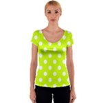 Polka Dots - White on Fluorescent Yellow Women s V-Neck Cap Sleeve Top