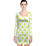 Polka Dots - Fluorescent Yellow on White Long Sleeve Bodycon Dress