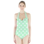 Polka Dots - White on Mint Green Women s Halter One Piece Swimsuit