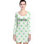 Polka Dots - Light Green on White Long Sleeve Velvet Bodycon Dress