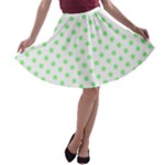 Polka Dots - Light Green on White A-line Skater Skirt