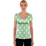 Polka Dots - White on Celadon Green Women s V-Neck Cap Sleeve Top