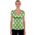 Polka Dots - White on Dollar Bill Green Women s V-Neck Cap Sleeve Top