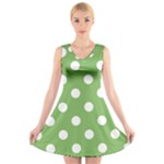 Polka Dots - White on Dollar Bill Green V-Neck Sleeveless Dress