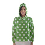 Polka Dots - White on Dollar Bill Green Hooded Wind Breaker (Women)