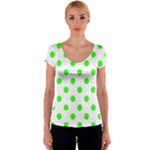 Polka Dots - Neon Green on White Women s V-Neck Cap Sleeve Top