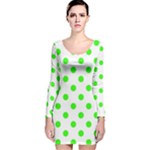 Polka Dots - Neon Green on White Long Sleeve Velvet Bodycon Dress