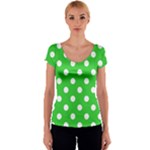 Polka Dots - White on Lime Green Women s V-Neck Cap Sleeve Top