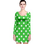 Polka Dots - White on Lime Green Long Sleeve Velvet Bodycon Dress