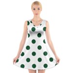 Polka Dots - Forest Green on White V-Neck Sleeveless Dress