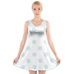 Polka Dots - Light Cyan on White V-Neck Sleeveless Dress