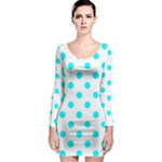 Polka Dots - Aqua Cyan on White Long Sleeve Bodycon Dress