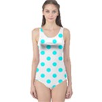 Polka Dots - Aqua Cyan on White One Piece Swimsuit