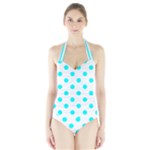 Polka Dots - Aqua Cyan on White Women s Halter One Piece Swimsuit