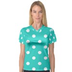 Polka Dots - White on Turquoise Women s V-Neck Sport Mesh Tee