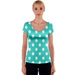 Polka Dots - White on Turquoise Women s V-Neck Cap Sleeve Top